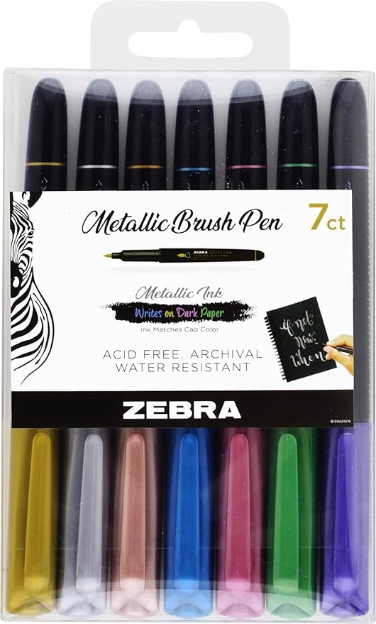 Zebra Pen, Metallic Brush Pens, Assorted Metallic Ink Colors, Medium Brush Tip Mimics Artist’s Paint Brush for Calligraphy, Acid-Free Ink for Light and Dark Paper, 7-Pack (01607)