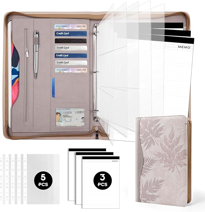 Padfolio Portfolio Folder Binder-Organizer Planner Notebook Zippered Portfolio Padfolio for Women & Men with Document Sleeve,Letter/A4 Size Clipboard,Business Card Holders (Brown Leaf)