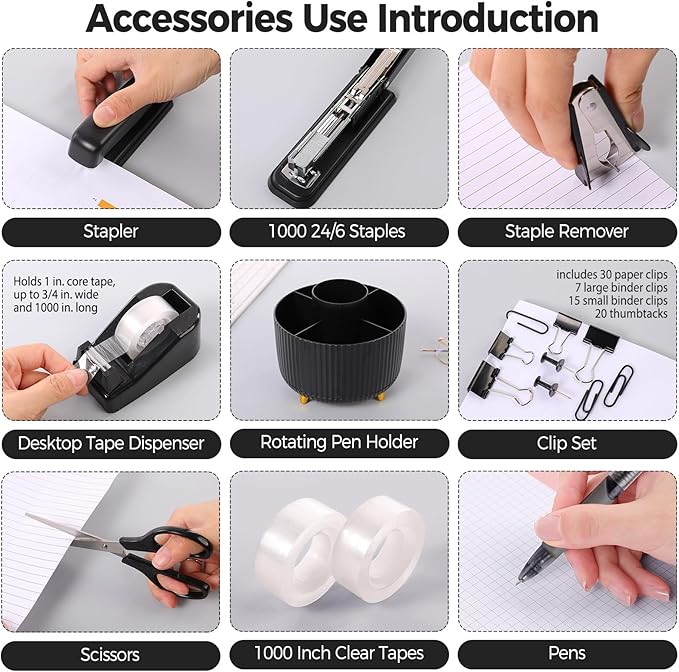 SKYDUE Black Office Supplies, Black Office Desk Accessories 10PCS, Pencil Holder for Desk, Stapler, Tape Dispenser, Scissors, Ruler, Clips and 1000pcs Staples, Desk Supplies Set