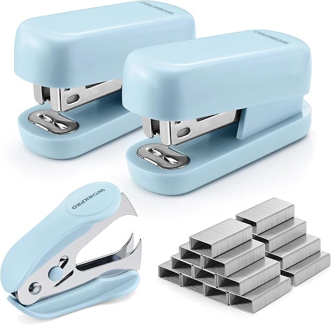 WORKPRO Mini Stapler with Staples, Blue Stapler Set Includes Two Small Staplers, One Staple Remover, 2000 Standard Staples, Lock Design, Non-Slip Base - Staplers for Desk, Classroom, Office