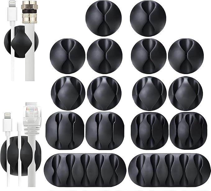 OHill 16-Pack Black Cord Organizer - Adhesive Cable Clips Holder for Desk, Wall, Car - Wire Management Clips for iPhone Charger, USB, Computer Cables -Cord Keepers with Strong Sticky Backing