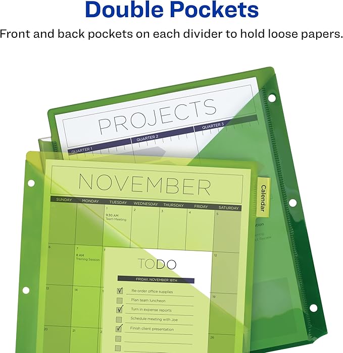 Avery Dividers for 3 Ring Binders, 8-Tab Sets, Two-Pocket Plastic Binder Dividers with Tabs, Multicolor, 1 Set (11907)