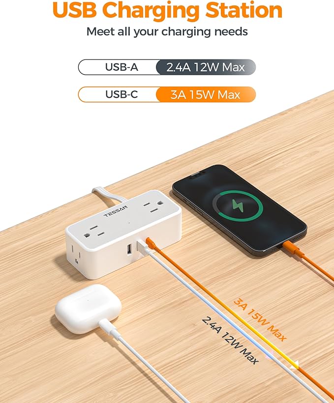 Flat Extension Cord 15 FT, TESSAN Surge Protector Power Strip with 4 AC Outlets 1 USB C and 2 USB A Ports, 900 Joules Protection, Multiple Wall Plug Outlet Extender Suitable for Home Office Dorm