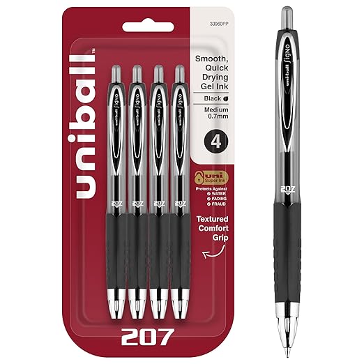 uni-ball 207 Retractable Gel Pens, Medium Point (0.7mm), Black, 4 Count