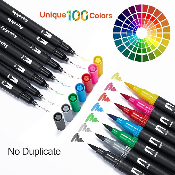 Colored Markers for Adult Coloring Books, Dual Tip Brush Pens with 100 Watercolor Fine Tip Markers and Brush pens for Kids Drawing Calligraphy