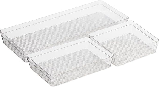 Oggi Set of 3 Clear Drawer Organizers - (1) 6x6.25, (1) 6.25x9.25, (1) 6.25x15.75 - Ideal for Organizing Kitchen Drawers, Office, Desk, Silverware, Kitchen Utensils, Cosmetics and Bathrooms