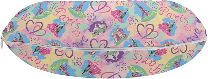 Ambesonne Modern Travel Pillow Neck Rest, Vintage Retro Paris French Design with Landmarks and Florals Art, Memory Foam Traveling Accessory for Airplane and Car, 12", Pink Blue