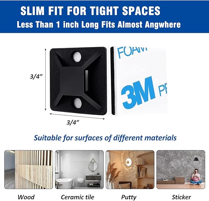 50 Set Cable Zip Tie Self Adhesive Mounts Kit with 6" Zip Ties, 3/4" Wire Holders Squares, Screws - Sticky Wire Fasteners Cable Clips Management Anchors Organizer