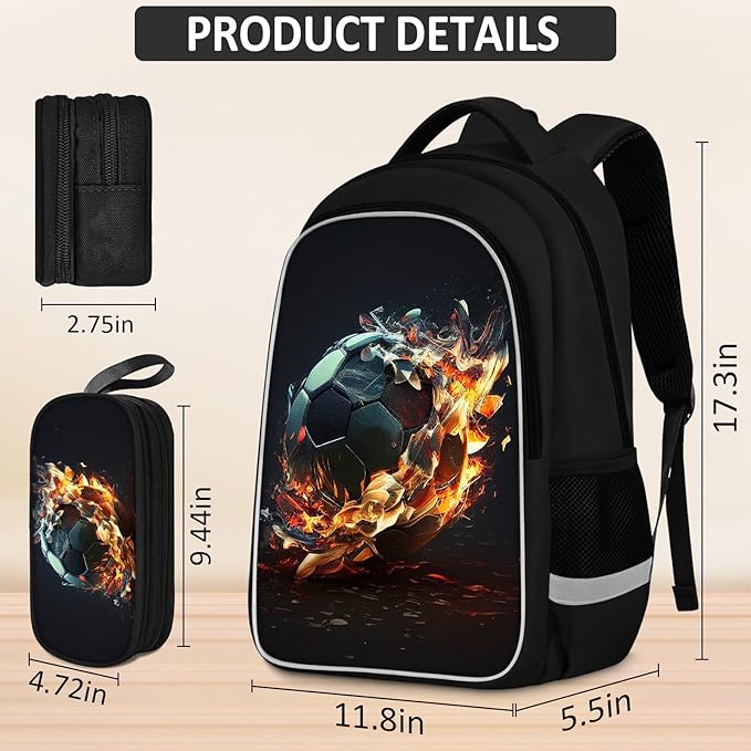 School Backpack for Boys - 4pcs Soccer Boys Backpack with Lunch Box and Pencil Case for Kids Children Teens Elementary Middle School - Students Bag for Ages 6-18,17″Bookbag Travel Back Pack