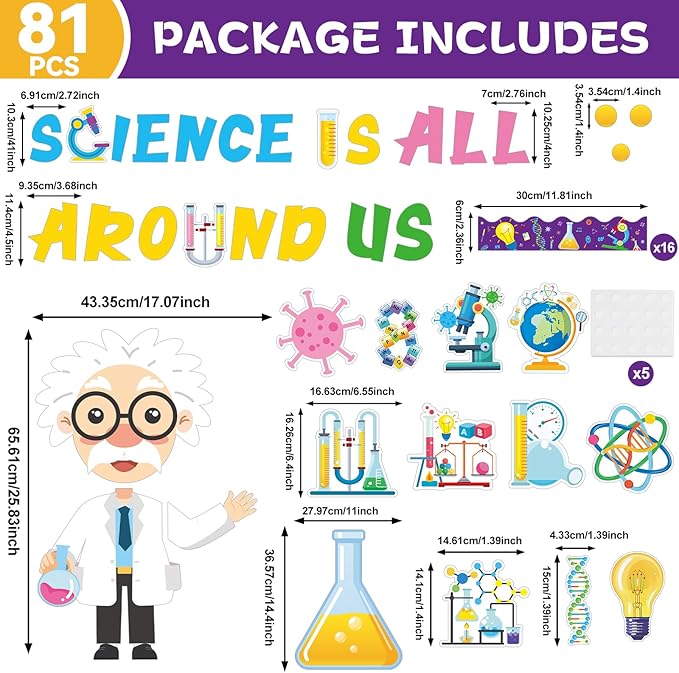 party greeting Science Bulletin Board Set Science is All Around Us Classroom Decoration Scientist Lab Paper Cutouts Bulletin Board Border for Wall Decor Teacher Must Haves Back to School Supplies