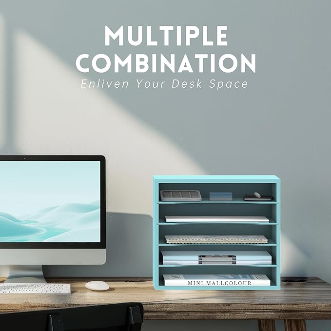 SUPEASY Wood Desk Organizer, 5 Tier Paper File Organizer for Desk, Wooden Desktop Organizer, Paper Letter Literature Mail Sorter, for Office School & Home Organization, Blue