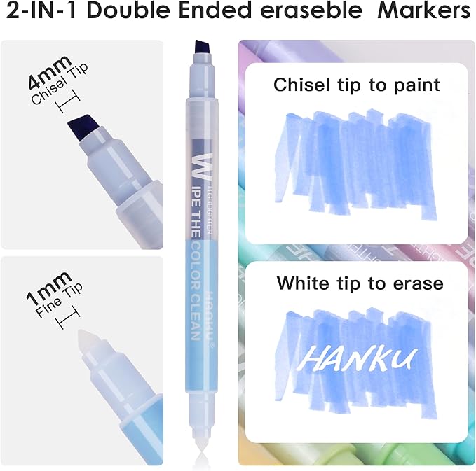 Erasable Highlighters, 10 Pastel Highlighters Assorted Colors, Dual Tip Cute Erasable Highlighter Pens No Bleed Through for Bullet Journaling, Bible Study, School Office Supplies