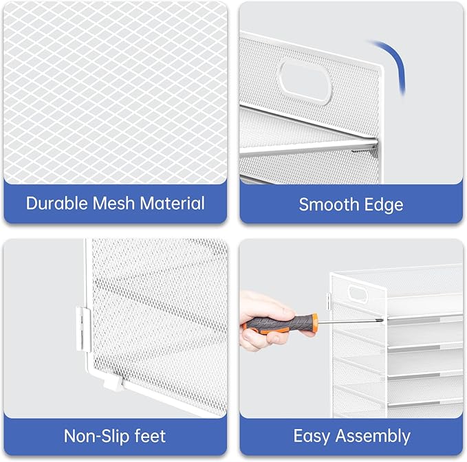 7 Tier Paper Organizer - Mesh Desktop File Holder with Handles for Office School Desk, Black (White)