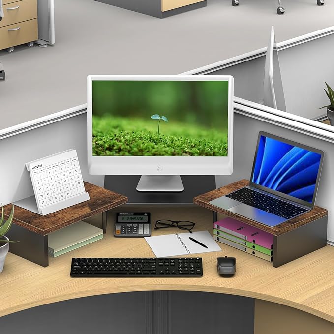 Dual Monitor Stand for Desk, Wooden Monitor Riser, Desk Shelf for Top of Desk, Computer Stand for Home and Office Use (Wood)