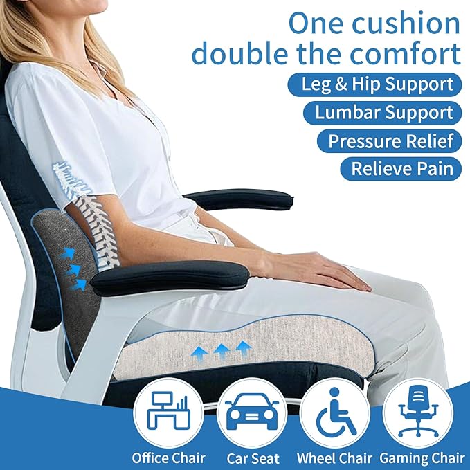 Memory Foam Seat Cushion,Office Chair Cushion with Lumbar Support for Back Pressure Relief, Car Seat Cushion with Adjustable Strap,Sciatica Pad Cushions for Car,Truck, Desk,Gaming Chair