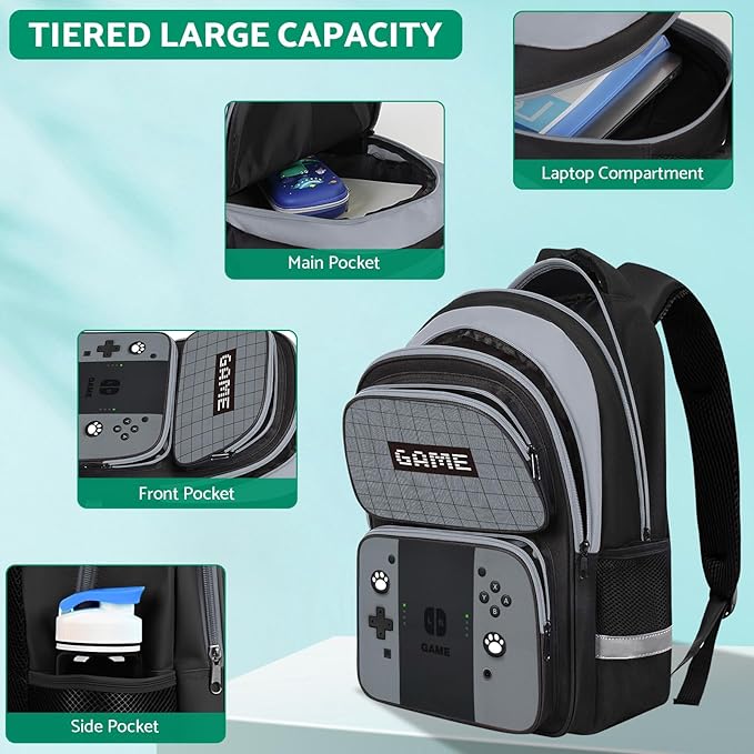 Kids Backpack For Boys，Gamer Boys Backpack For Children Teens Elementary Middle School, 17″ Students Bookbag