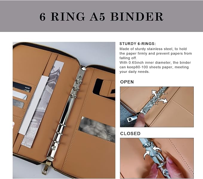 A5 Binder Case PU Leather Portfolio Budget Binder Refillable Notebook Planner Cover with Zipper 6 Rings Money Document Organizer for Business Interview (Grey)