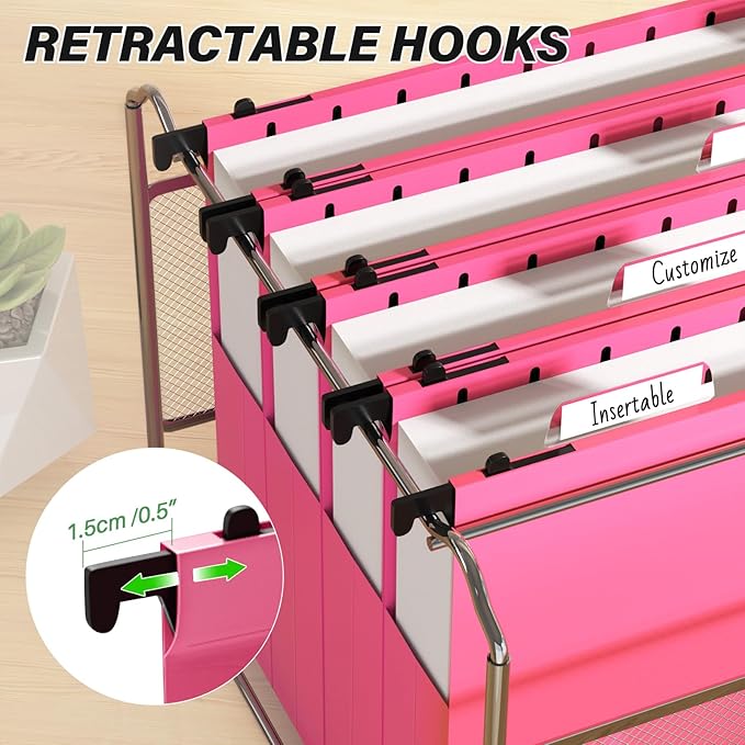Ansook Hanging File Folders Letter Size Extra Capacity, Heavy Duty 2" Expandable File Folders Hanging with Tabs, 12 Pack Pink Filing Cabinet Folders,Plastic Hanging File Organizer,File Frme Folder