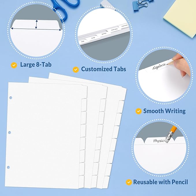 SUNEE Binder Dividers with Tabs for 3 Ring Binder, 8.5 x 11 Paper White Binder Dividers Blank with 8 Tabs, 4 Sets Page Dividers for School, Office and Home, 32 Dividers