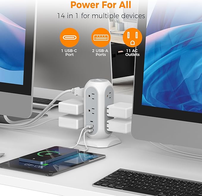 15 ft Extension Cord Tower Power Strip, 11 Outlets 3 USB(1 USB-C) Chargers, TESSAN Surge Protector with Multi Plug Outlet, 1050J Protection, Office Supplies, Desk Accessories, School Dorm Essential
