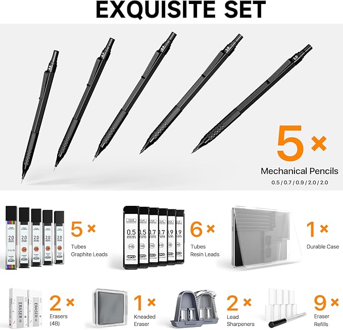Four Candies Metal Mechanical Pencil Set, 3PCS Art Drafting Pencils 0.5, 0.7, 0.9MM & 2PCS 2MM Mechanical Drawing Pencils with 420PCS Leads (4B 2B HB 2H Color) for Writing Sketching Drawing (Black)