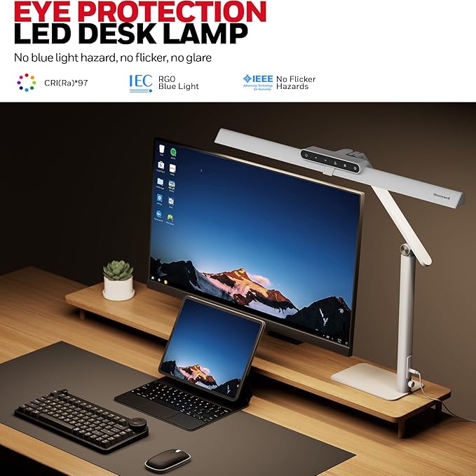 Honeywell LED Desk Lamp with Base - HJ1WT Sunturalux Eye-Caring Architect Desk Lamp for Home Office, 1200LM Computer Desk Light 4 Color Modes Stepless Dimming Task Desk Light with Timer Function White