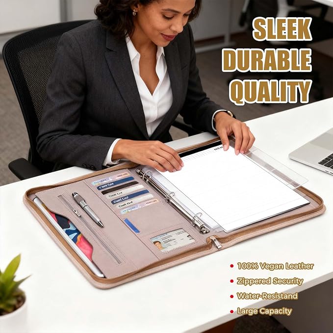 Padfolio Portfolio Folder Binder-Organizer Planner Notebook Zippered Portfolio Padfolio for Women & Men with Document Sleeve,Letter/A4 Size Clipboard,Business Card Holders (Brown Leaf)