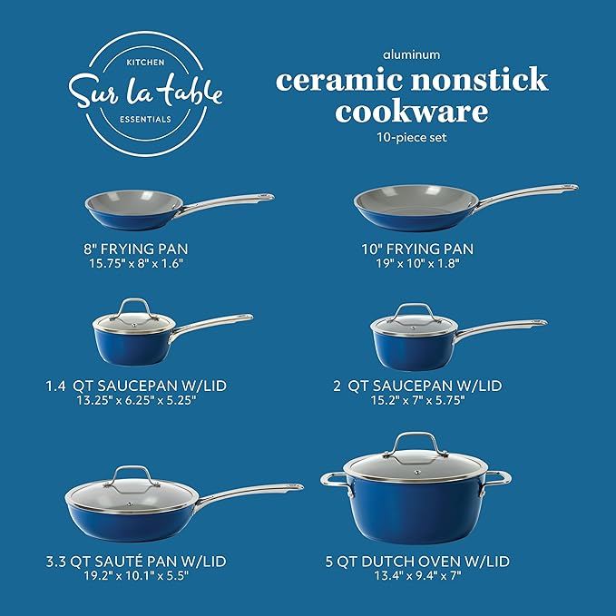 Sur La Table Kitchen Essentials 10 Piece PFA Free Titanium Ceramic Nonstick Interior Forged Aluminum Cookware Pots and Pans Set - Blue - Induction Compatible