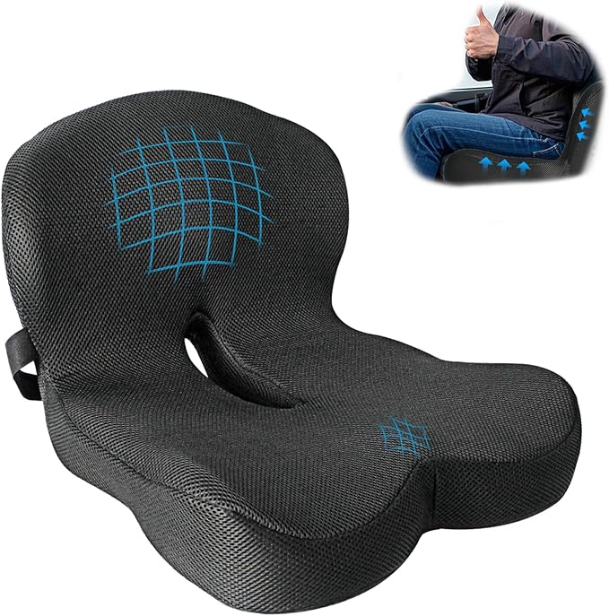 Memory Foam Seat Cushion,Office Chair Cushion with Lumbar Support for Back Pressure Relief, Car Seat Cushion with Adjustable Strap,Sciatica Pad Cushions for Car,Truck (Black+Mesh Cloth)