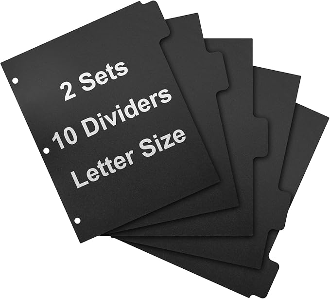 3 Ring Binder Dividers with 5-Tabs for Letter Size, 1/5 Cut, 3-Hole Punched, Write & Erase Plastic Binder Dividers Extra Durable Section Index Dividers for Binders, Pack of 2 Sets, 10 Dividers Total