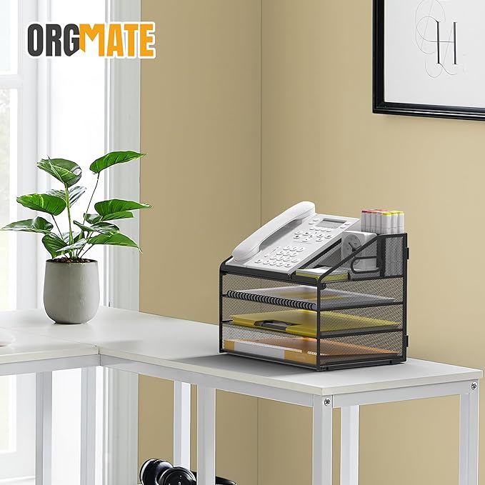 Letter Tray Paper, 4 Tier Desk Organizer with Pen Holder and Handle Mesh File Organizer Paper Sorter Metal Desktop Document Shelf for Office Home Classroom -Black