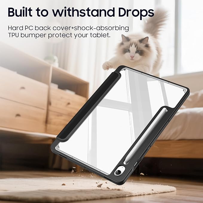 Fintie Hybrid Slim Case for Samsung Galaxy Tab S10 Lite/ S10 FE/ S9 FE 10.9 Inch/Tab S9 11 Inch with S Pen Holder, Shockproof Cover with Clear Transparent Back Shell, Auto Wake/Sleep, Black