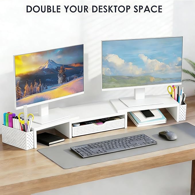 Spacrea Metal Desk Organizers and Accessories, Dual Monitor Stand Riser with Drawer and 2 Pen Holders, Desk Accessories & Workspace Desktop Organizers for Office Supplies (White)