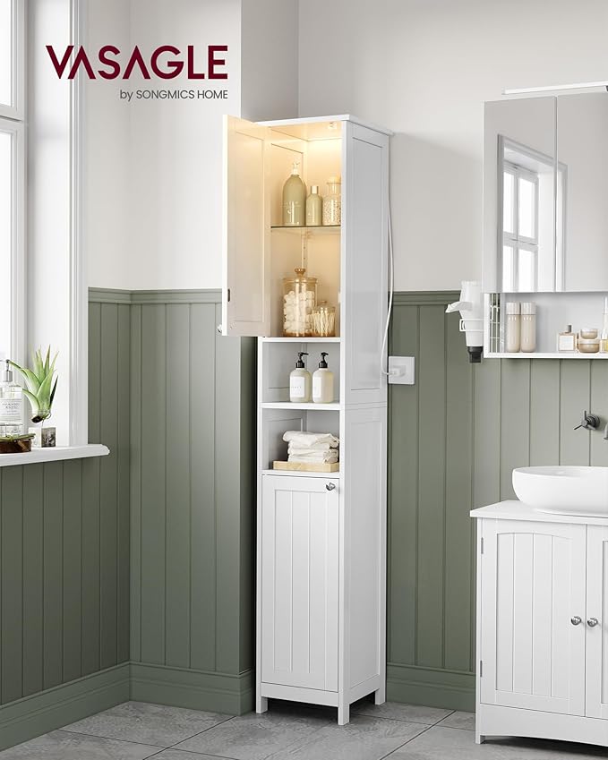 VASAGLE Tall Storage Cabinet with Lights, Slim Freestanding Cabinet with Adjustable Shelves, for Small Spaces, Bathroom, Living Room, Modern, 11.8 Inches Wide, Cloud White UBBC566W02