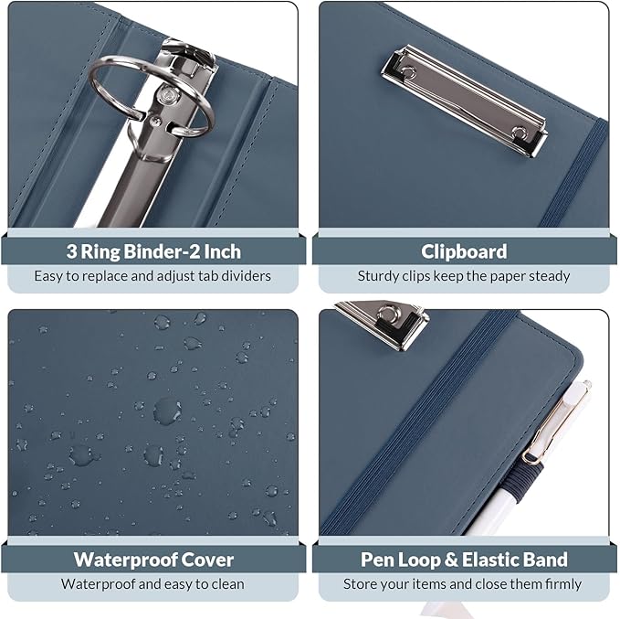 SKYDUE 3 Ring Binder with Clipboard, 2 Inch Heavy Duty Binder, PU Clipboard Binder with Notepad & 5 Dividers with 10 Pockets, Labels, Clipboard Folder Great for School Office(Fit Letter Sized Paper)