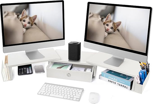 Dual Monitor Stand Riser w/ Drawer & Metal Leg, Large White Computer Monitor Riser w/ Storage For 2 Screens, Desk Shelf w/ Adjustable Length & Angle, Desktop Organizer