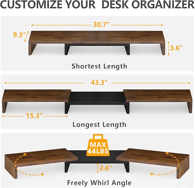 TAVR Dual Monitor Stand Riser, Computer Monitor Stands for 2 Monitors, Extra Long Multifunctional Desktop Organizer Riser for Computer, Laptop, PC, Printer, TV, Max 43.3" Length, Rustic Brown
