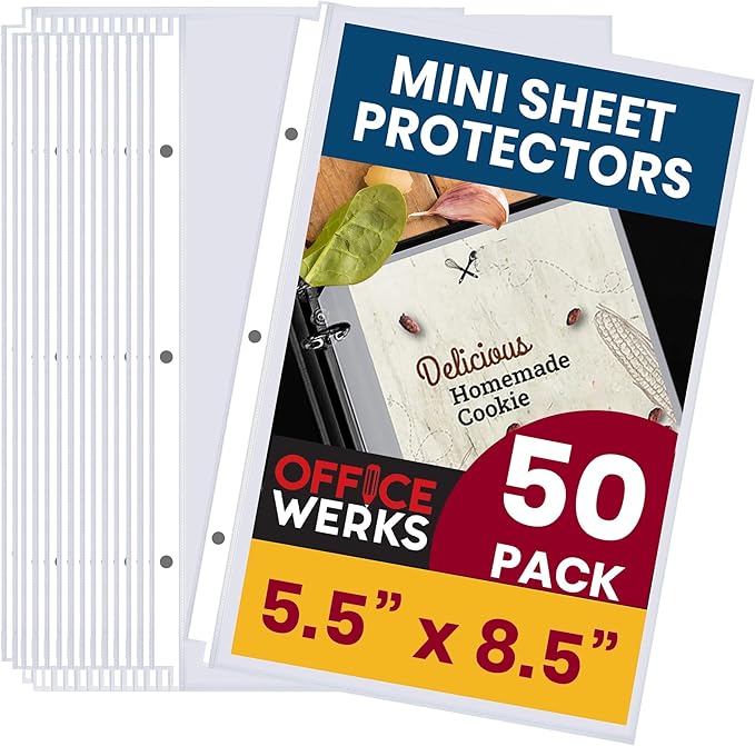 Officewerks Heavyweight Clear Mini Sheet Protectors Holds 5.5 x 8.5 Inch Sheets, Fits a 3-Ring Binder, Crystal Clear and Acid-Free with Reinforced Holes, Top Loading, Archival Safe (50 Pack)