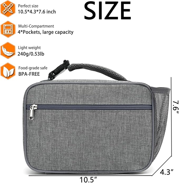 Insulated Lunch Box for School, Thermal Reusable Durable Freezable Lunch Bags for Kids Boys Girls Men Women - Small Soft Cooler Portable Lunch Tote Kit for Work Picnic Travel,Grey