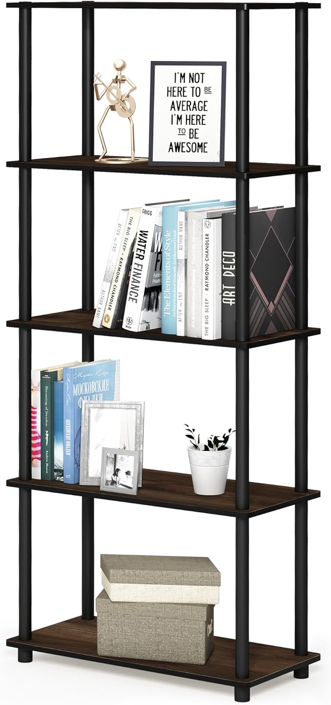 Furinno TURN-N-TUBE Storage Shelves, 5-Tier Book Shelf, Corner Shelf, Toolless Open Shelves, for Organization and Storage, Living Room, Garage, Home Office, Columbia Walnut