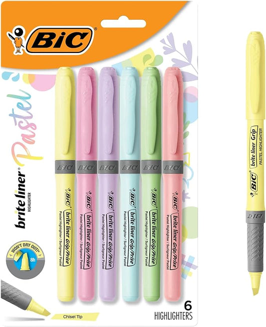 BIC Brite Liner Grip Pocket MINI Highlighter, Pastel Ink Colors, Chisel Tip, 6 Count (Pack of 1)