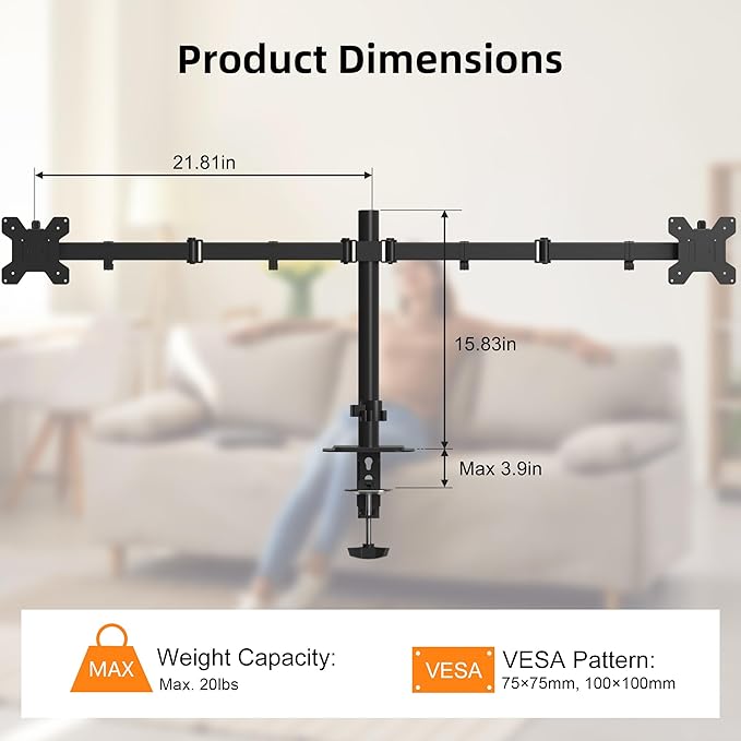 Pholiten Dual Monitor Stand, Heavy Duty Adjustable Monitor Arm Desk Mount for 2 Screens up to 42Inches, Tilt, Swivel, Rotate, Supports Tilt, Swivel, Rotate, Supports 22 lbs per Arm,Black