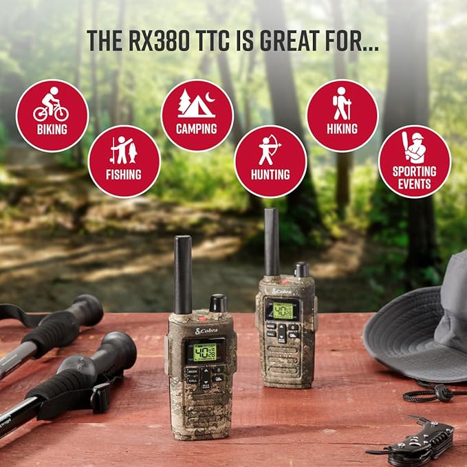 Cobra RX380TTC 2-Pack Walkie Talkies & Compatible Cobra GA-SV01 2P Surveillance Headset Microphones: Rechargeable, 40 Preset Channels, Long Range 32-Mile Two-Way Radio Set, Camo