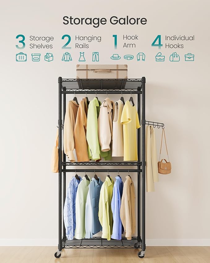 SONGMICS Heavy-Duty Rolling Clothes Rack, Garment Rack, Portable Closet, 29.5-Inch Wide Clothing Rack on Wheels, with Adjustable Mesh Shelves and Hanging Rails, Hooks, Ink Black ULGR412B01