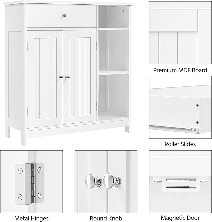 Yaheetech Bathroom Floor Cabinet, Kitchen Freestanding Storage Organizer, Large Side Cabinet with Doors, Drawer & Adjustable Shelves for Living Room, Entryway, 12" D x 29.5" W x 31.5" H, White