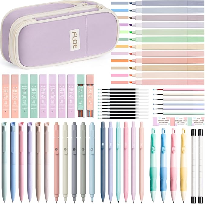 65PCS Aesthetic School Supplies with Cute Pencil Case, Pastel Highlighters Gel Pens Mechanical Pencils Set 0.5 0.7 & 2.0mm, Office Back to School Supplies College Essentials Kit Student Stationary Set