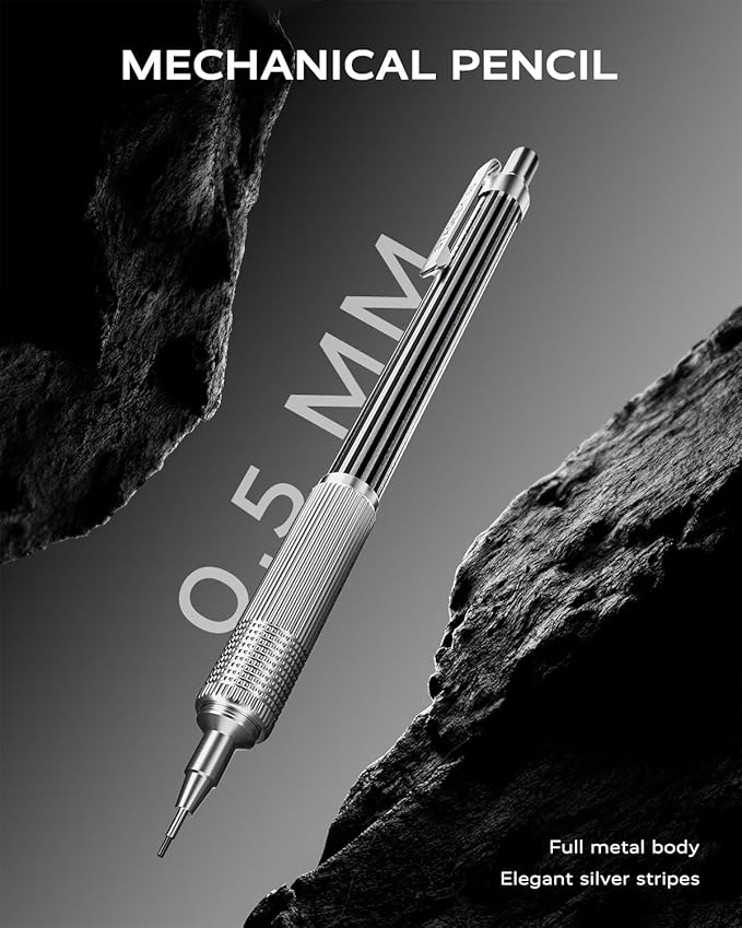 0.5mm Mechanical Pencil with Metal Gift Case, 1PCs Metal Mechanical Pencil with 120PCS HB Lead Refills,4B Erasers and 9PCS Eraser Refills, for Writing Drafting Drawing and Sketching(Silver)