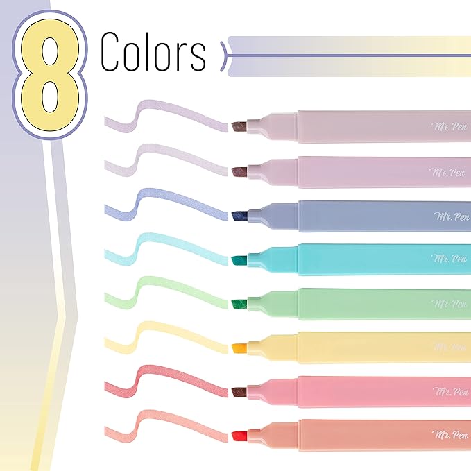 Mr. Pen- Aesthetic Cute Pastel Highlighters Set, 8 pcs, Chisel Tip, Candy Colors, No Bleed Bible Assorted Colors