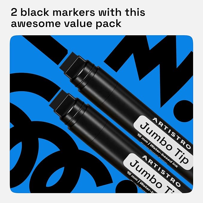ARTISTRO 2 Black Acrylic Paint Markers - 15mm Jumbo-Tip Paint Pens - Perfect for Crafting, Art Projects, & More