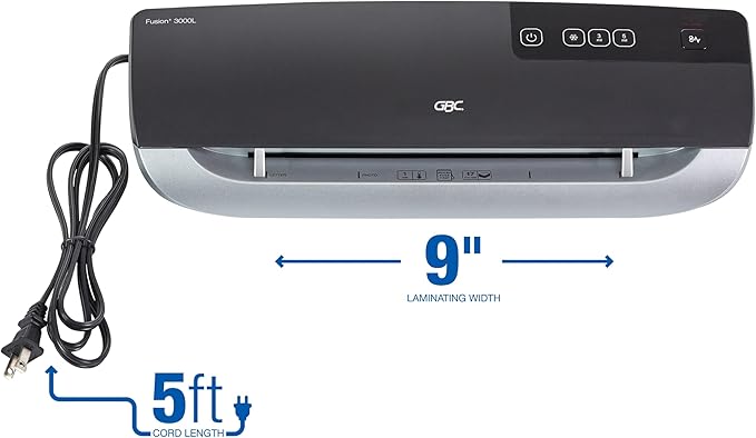 GBC Thermal Laminator Machine, Fusion 3000L, 9 Inch, 1 Min Warm-up, 3 or 5 Mil, with 30 EZUse Laminating Pouches for Home, Office and Classroom, Black (1703079)
